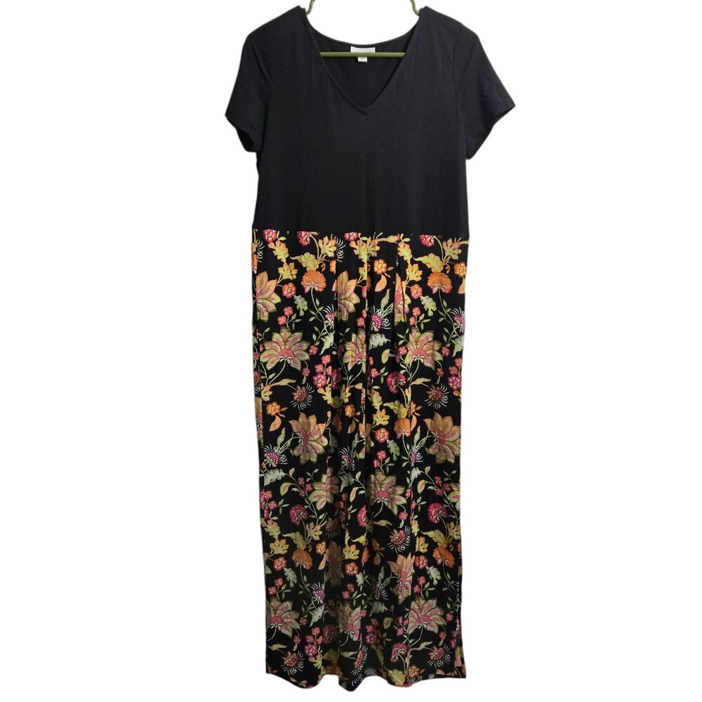 J. Jill Maxi Dress Women XS Black Side Slit Floral Pockets Casual Ombré